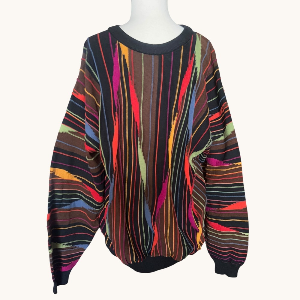 Vtg Tundra Canada 3D Knit Sweater XXL Cotton Neon Striped 90s‎ streetwear